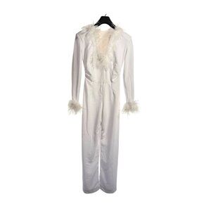 White Feather Trim Wide Leg Jumpsuit XXS XS Glam Bridal Party